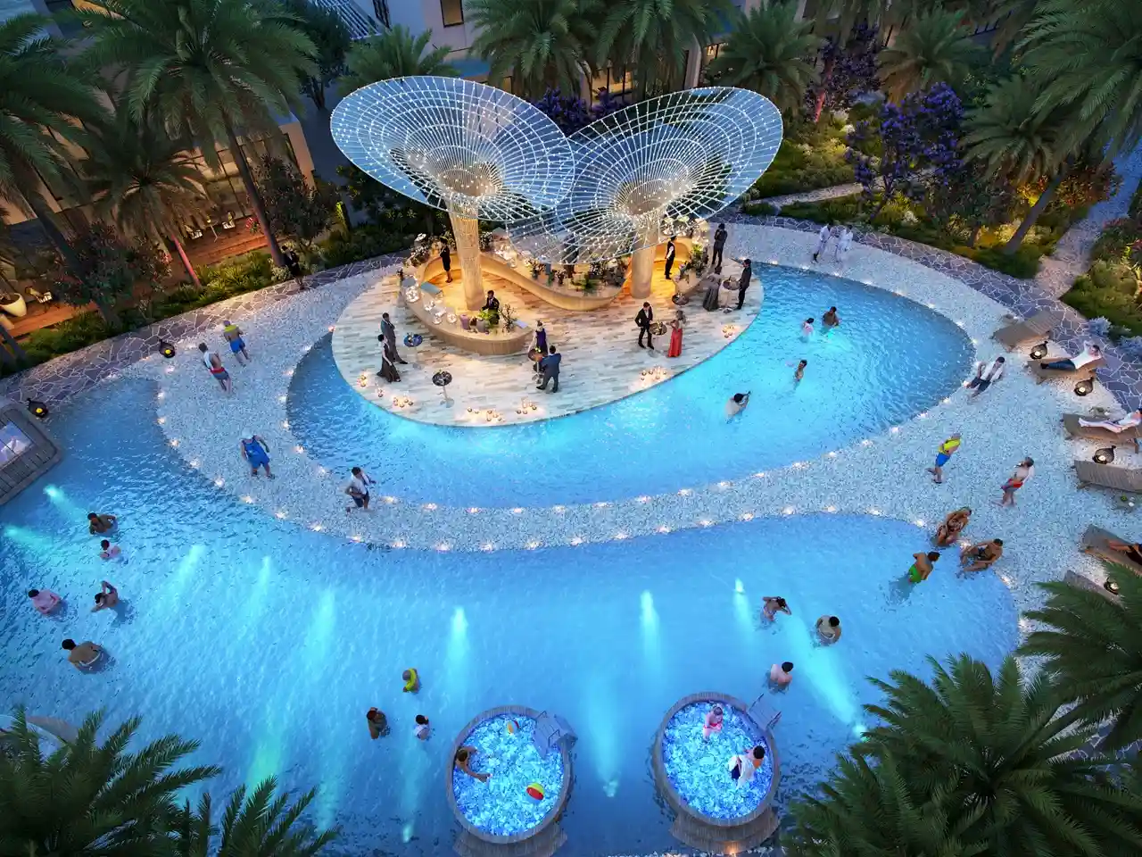 DAMAC Sun City by DAMAC Properties lagoon pool with illuminated water features swim up bar and social leisure spaces in Dubai - Presented by Tohid Fetrat