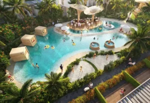DAMAC Sun City by DAMAC Properties lagoon leisure pool with swim areas seating zones and landscaped surroundings in Dubai - Presented by Tohid Fetrat