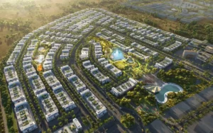 DAMAC Sun City by DAMAC Properties aerial masterplan view showing residential villas landscaped streets and central water features in Dubai - Presented by Tohid Fetrat