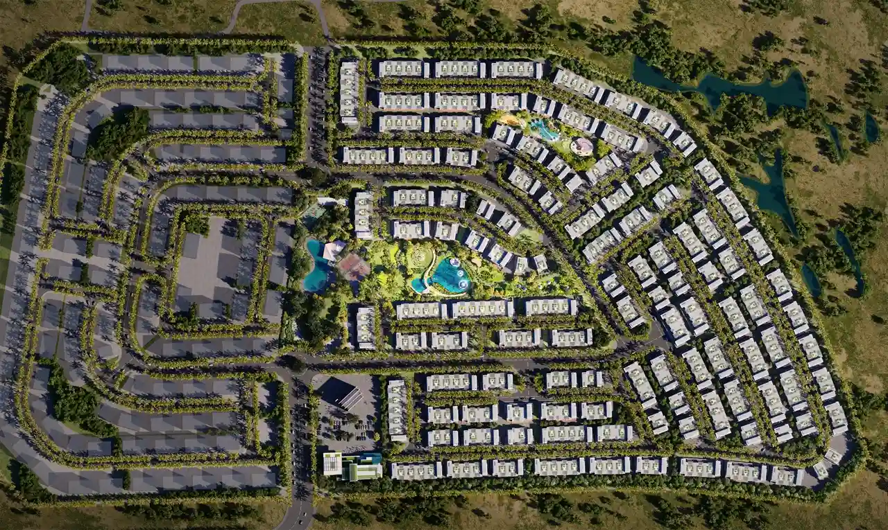 DAMAC Sun City by DAMAC Properties masterplan layout showing residential clusters landscaped roads and central amenities in Dubai - Presented by Tohid Fetrat