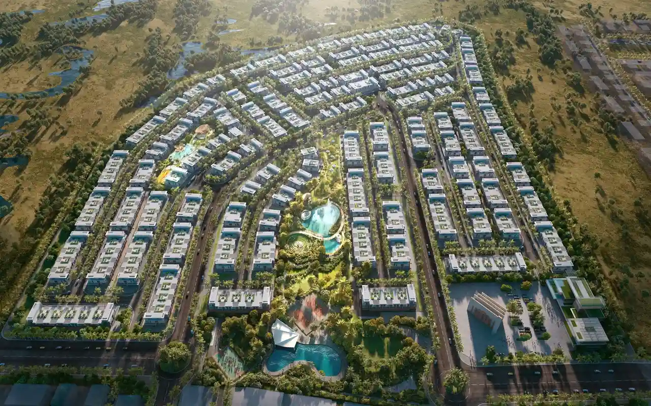 DAMAC Sun City by DAMAC Properties masterplan overview with villa clusters green corridors and central water features in Dubai - Presented by Tohid Fetrat