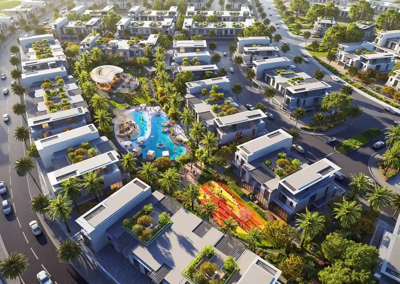 DAMAC Sun City by DAMAC Properties townhouses with landscaped streets central lagoon amenities and family activity areas in Dubai - Presented by Tohid Fetrat