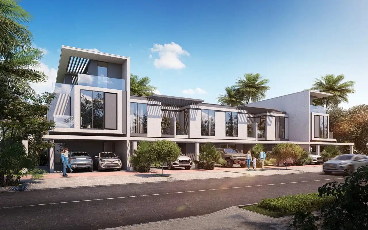 DAMAC Sun City by DAMAC Properties modern townhouses exterior with clean architecture private parking and landscaped surroundings in Dubai - Presented by Tohid Fetrat