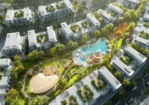 DAMAC Sun City by DAMAC Properties townhouses overlooking lagoon pool landscaped gardens and community amenities in Dubai - Presented by Tohid Fetrat