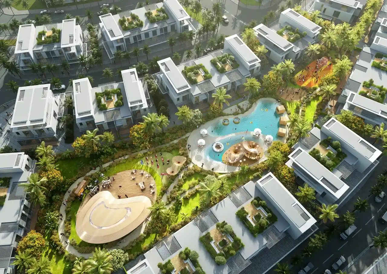 DAMAC Sun City by DAMAC Properties townhouses overlooking lagoon pool landscaped gardens and community amenities in Dubai - Presented by Tohid Fetrat