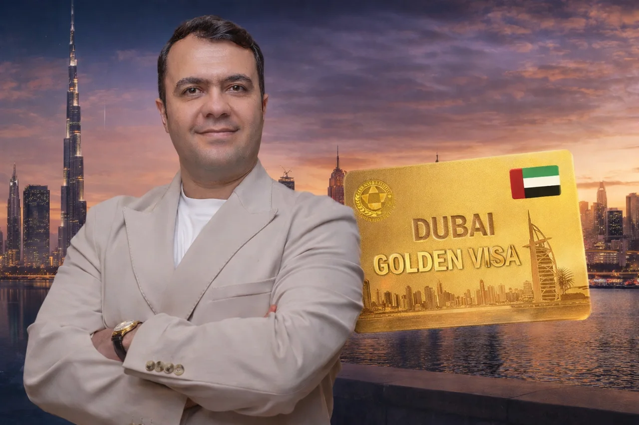Dubai Golden Visa beach mansion investment concept with luxury visa card and skyline view in Dubai Presented by Tohid Fetrat