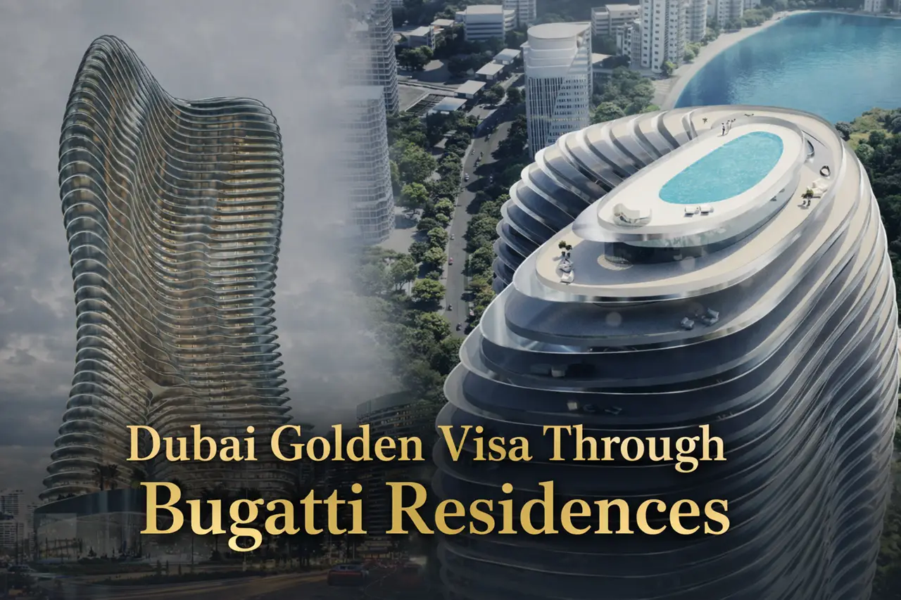 Dubai Golden Visa through Bugatti Residences luxury tower architecture with rooftop pool and skyline view in Business Bay Dubai Presented by Tohid Fetrat