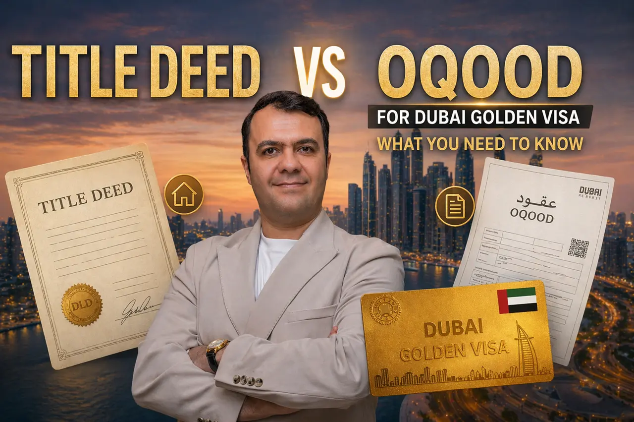 Dubai Golden Visa through Orania investment showing title deed vs oqood comparison, Burj Khalifa skyline, and property ownership concept in Dubai Presented by Tohid Fetrat