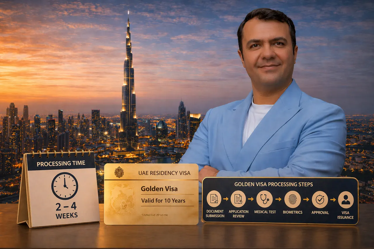 Dubai Golden Visa processing time through Lumena investment showing 2 to 4 weeks timeline steps including document review medical test biometrics and approval in Dubai Presented by Tohid Fetrat