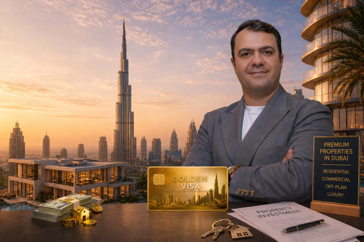 Dubai Golden Visa through The Lana Residences investment showcasing Burj Khalifa skyline, luxury property investment concept, and premium real estate in Dubai Presented by Tohid Fetrat