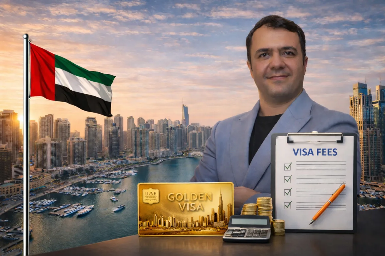 Dubai Golden Visa through Amazonia Investment Dubai Golden Visa fees with marina skyline golden visa card and fee checklist Presented by Tohid Fetrat