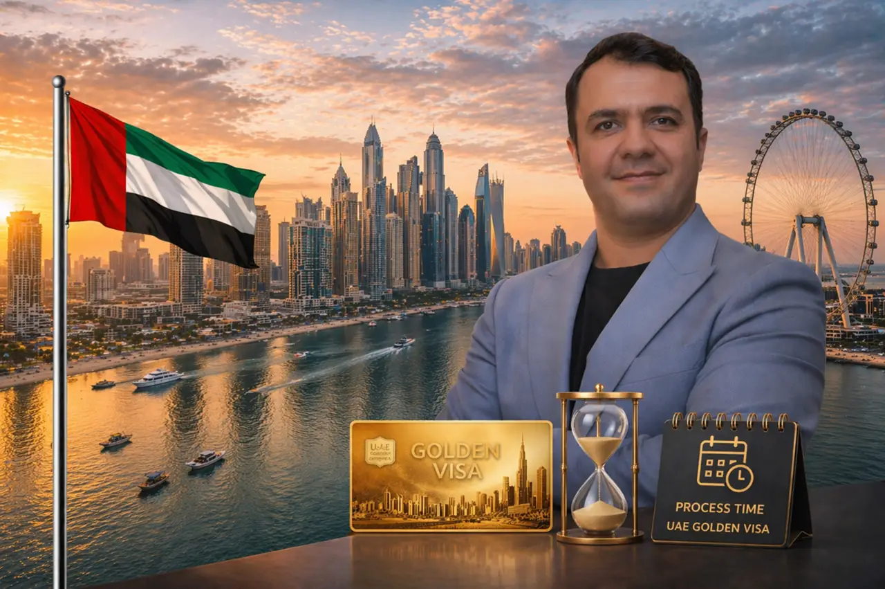 Dubai Golden Visa through Baystar by Vida Investment Golden Visa Processing Time UAE with skyline golden visa card hourglass and process indicator Presented by Tohid Fetrat