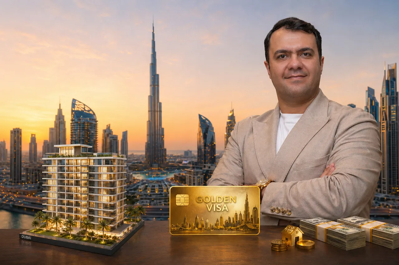 Dubai Golden Visa through Beach Vista investment and property featuring golden visa card model building and Dubai skyline at sunset Presented by Tohid Fetrat