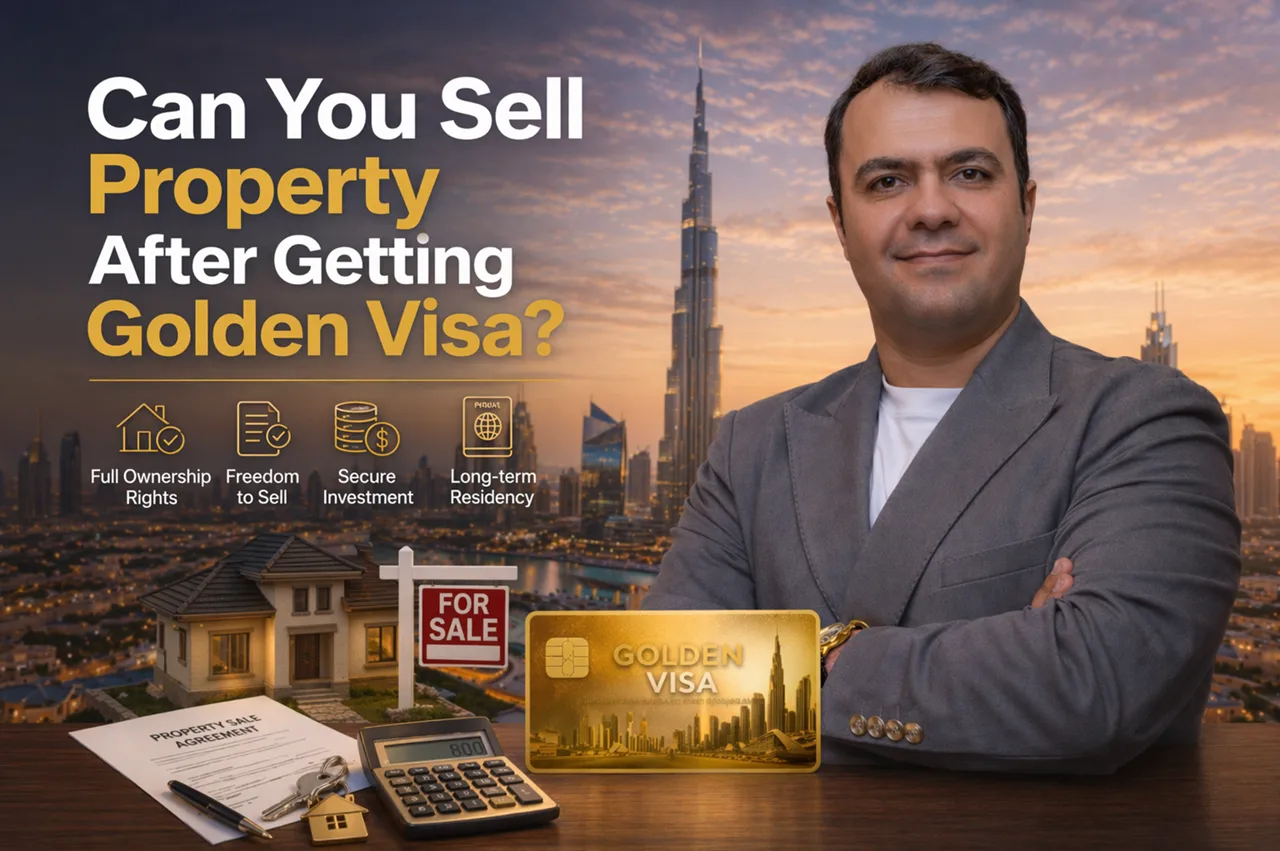 Dubai Golden Visa through Beachgate by Address Investment can you sell property after getting Golden Visa with skyline for sale sign and documents Presented by Tohid Fetrat