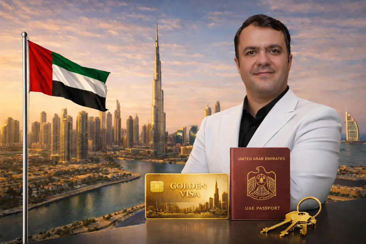 Dubai Golden Visa concept image for Dubai Golden Visa Through Chevalia Estate 2 Investment with Dubai skyline, UAE flag, passport, keys, and investment theme. Presented by Tohid Fetrat