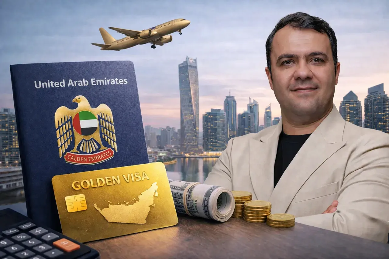 Dubai Golden Visa concept image for Dubai Golden Visa Through Equiterra Investment with UAE passport, golden visa card, cash, coins, airplane, and Dubai skyline. Presented by Tohid Fetrat