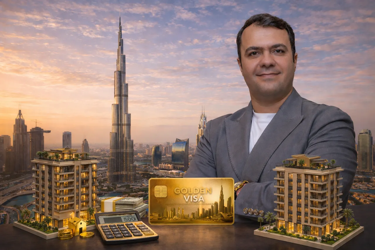 Dubai Golden Visa through Magnolia Apartments Hotel Investment Multiple Properties with skyline golden visa card and property models Presented by Tohid Fetrat