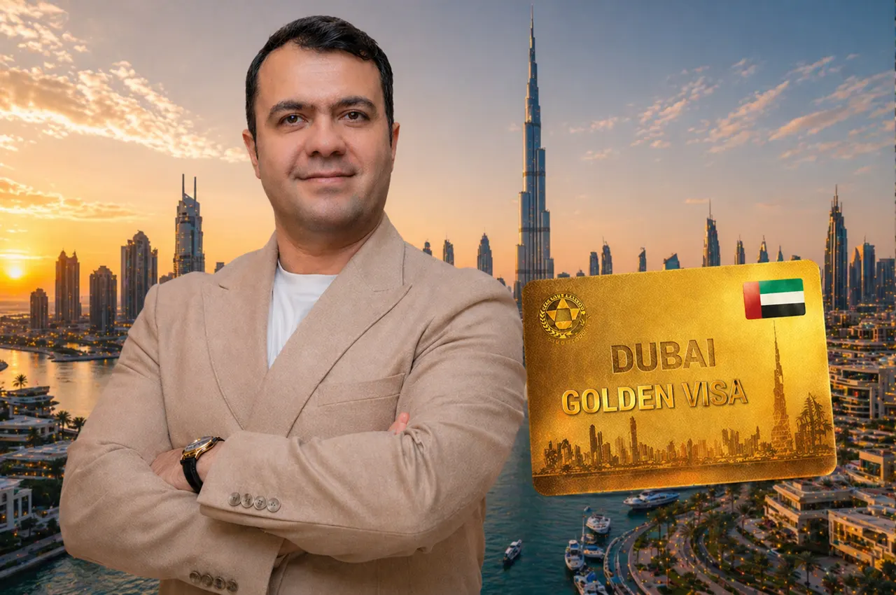 Dubai Golden Visa through Marina Vista investment and property with golden visa card and Dubai Marina skyline at sunset Presented by Tohid Fetrat