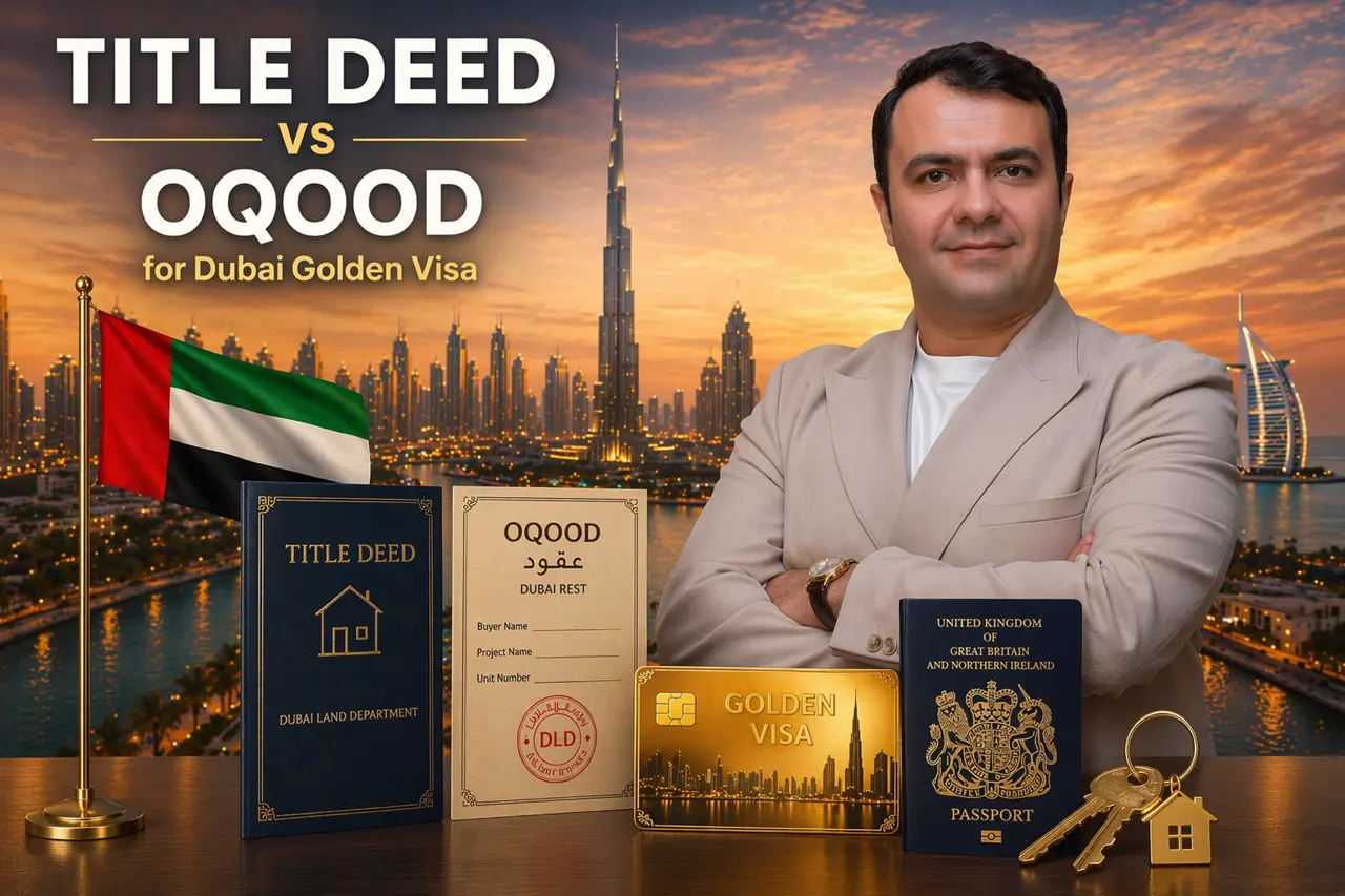 Dubai Golden Visa through Palmiera Investment Title Deed vs Oqood guide with skyline golden visa card and property documents Presented by Tohid Fetrat
