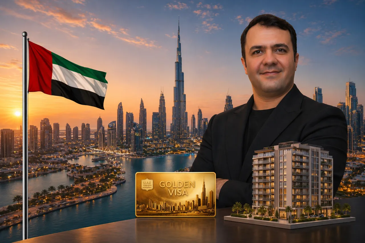 Dubai Golden Visa through property Golf Dale investment featuring Burj Khalifa skyline, UAE flag, and residential building model in Dubai Presented by Tohid Fetrat