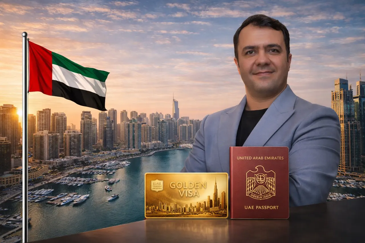 Dubai Golden Visa through property Ocean Cove investment with marina skyline passport and visa concept in Dubai Presented by Tohid Fetrat
