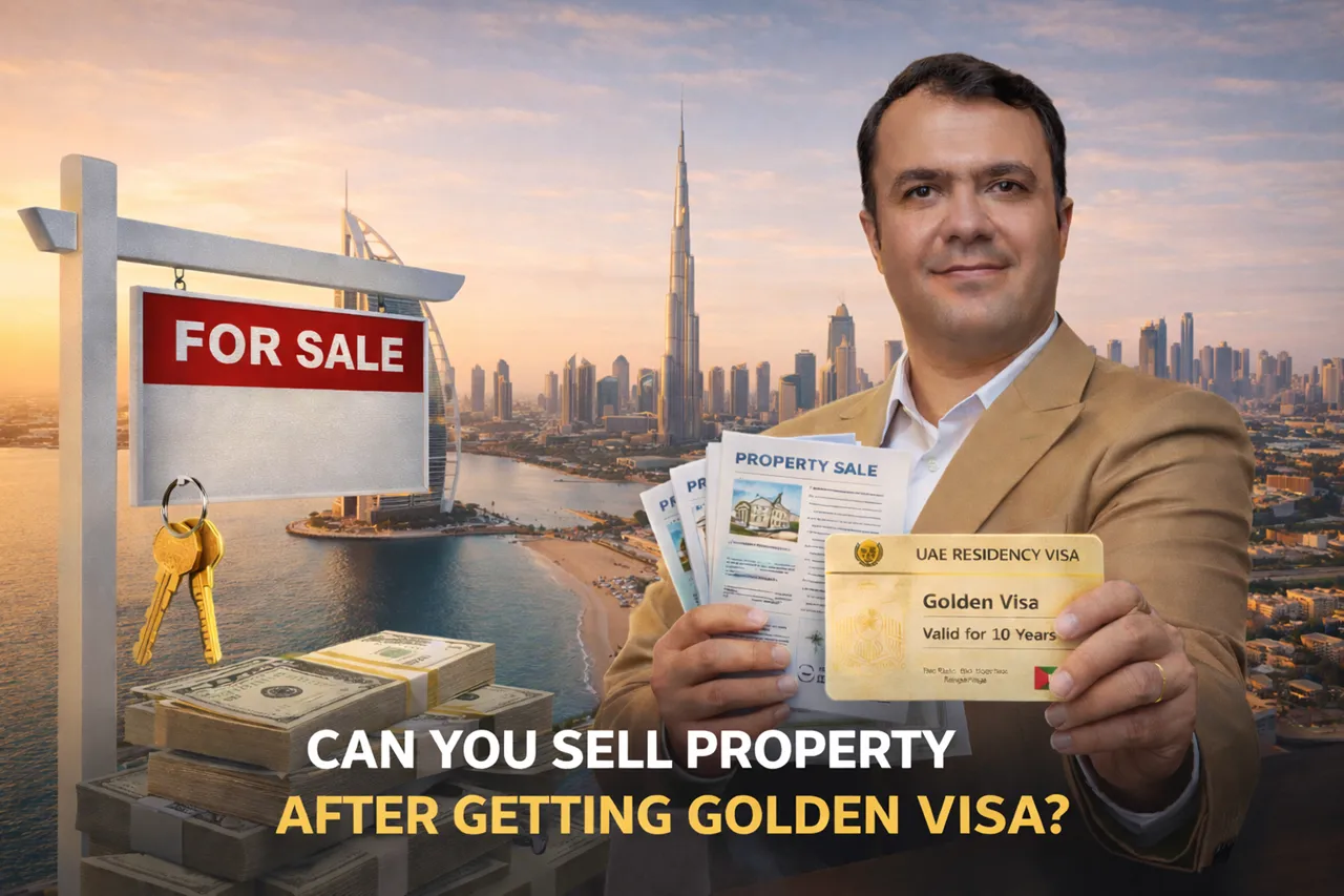 Dubai Golden Visa concept image for Dubai Golden Visa Through Rivana Investment and Can You Sell Property After Getting Golden Visa with property sale sign, keys, cash, documents, and Dubai skyline. Presented by Tohid Fetrat