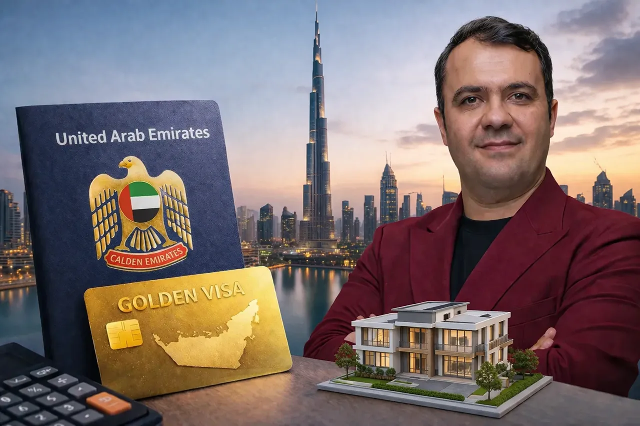 Dubai Golden Visa concept image for Dubai Golden Visa Through Selvara Investment and Golden Visa Cost in Dubai with UAE passport, golden visa card, villa model, calculator, and Dubai skyline. Presented by Tohid Fetrat