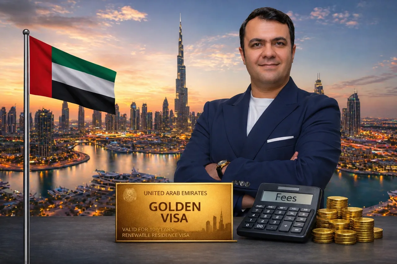 Dubai Golden Visa through South Beach investment highlighting golden visa fees with visa card calculator and Dubai skyline at sunset Presented by Tohid Fetrat