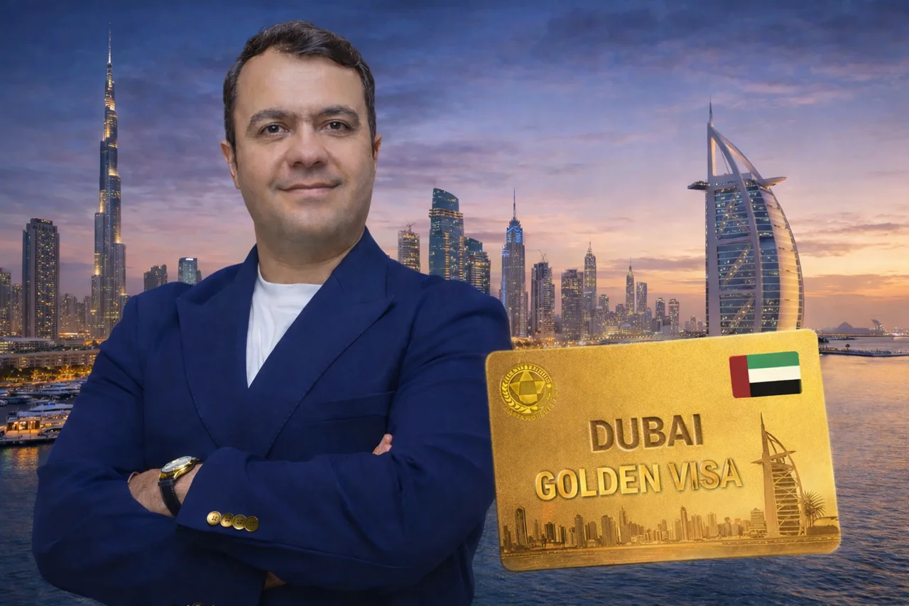 Dubai Golden Visa through Sunridge investment with skyline view Burj Al Arab and visa concept in Dubai Presented by Tohid Fetrat