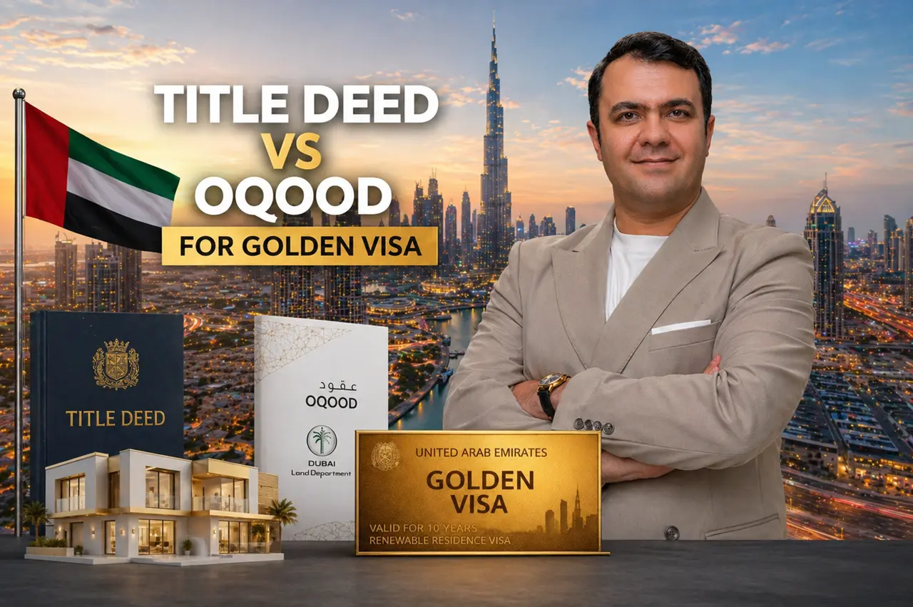 Dubai Golden Visa through Sunrise Bay investment comparing title deed vs oqood with Dubai skyline and golden visa card Presented by Tohid Fetrat