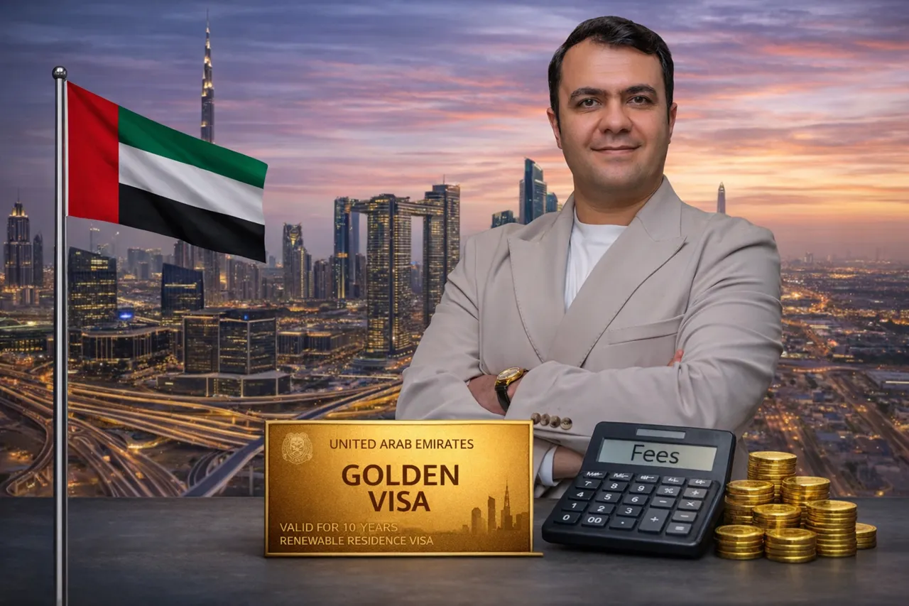 Dubai Golden Visa through TALIA Investment Dubai Golden Visa fees with city skyline golden visa card calculator and stacked coins Presented by Tohid Fetrat