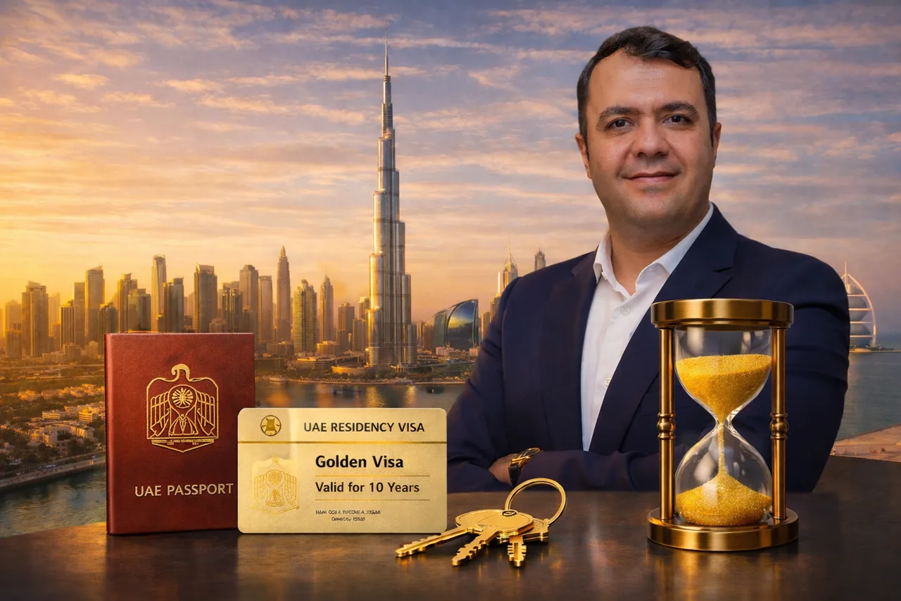 Dubai Golden Visa concept image for Dubai Golden Visa Through Velora Investment and Golden Visa Processing Time UAE with UAE passport, residency visa card, keys, hourglass, and Dubai skyline. Presented by Tohid Fetrat