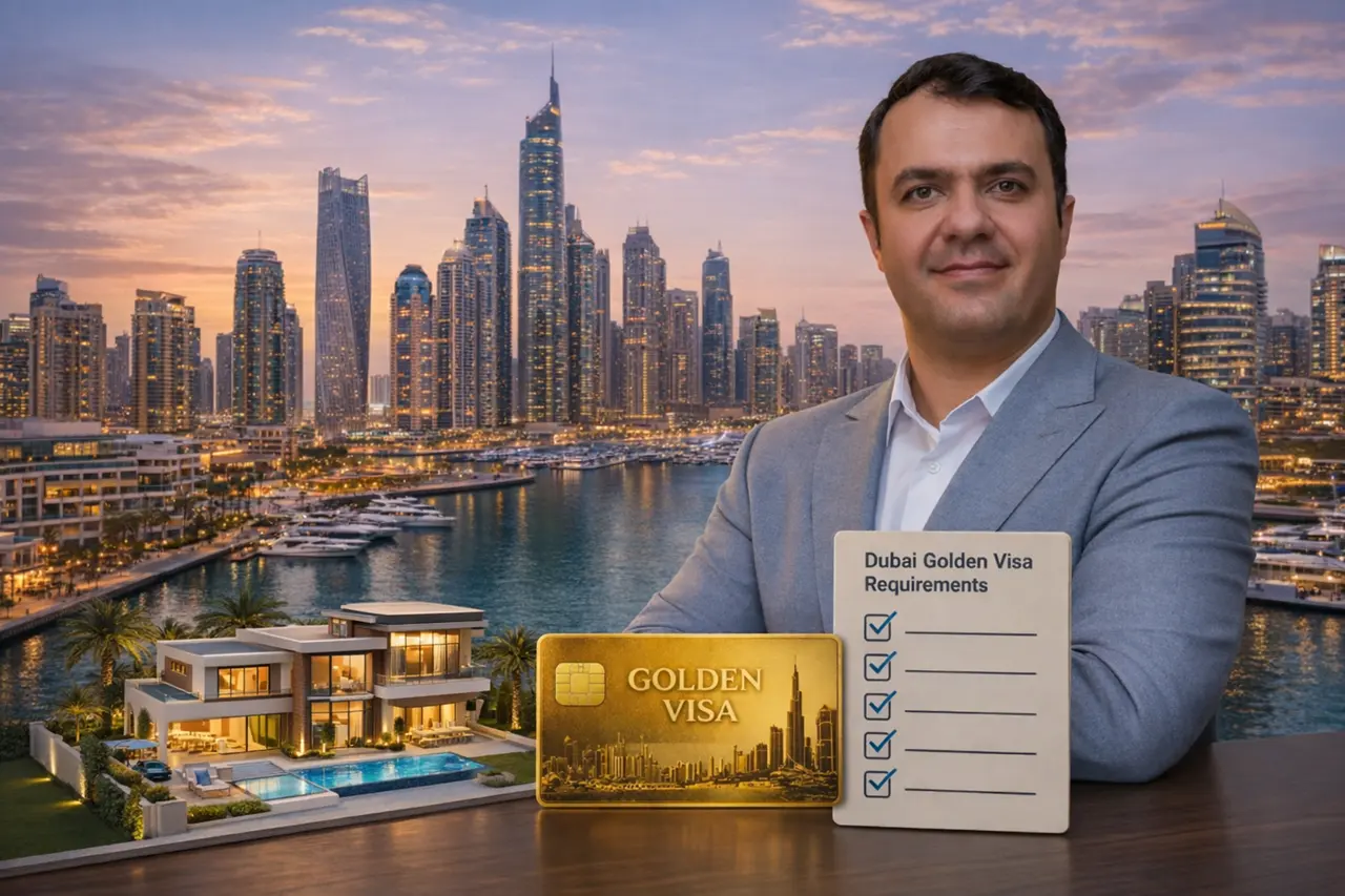 Dubai Golden Visa through Tilal Binghatti Phase 1 investment showing requirements checklist luxury villa model and waterfront skyline in Dubai Presented by Tohid Fetrat