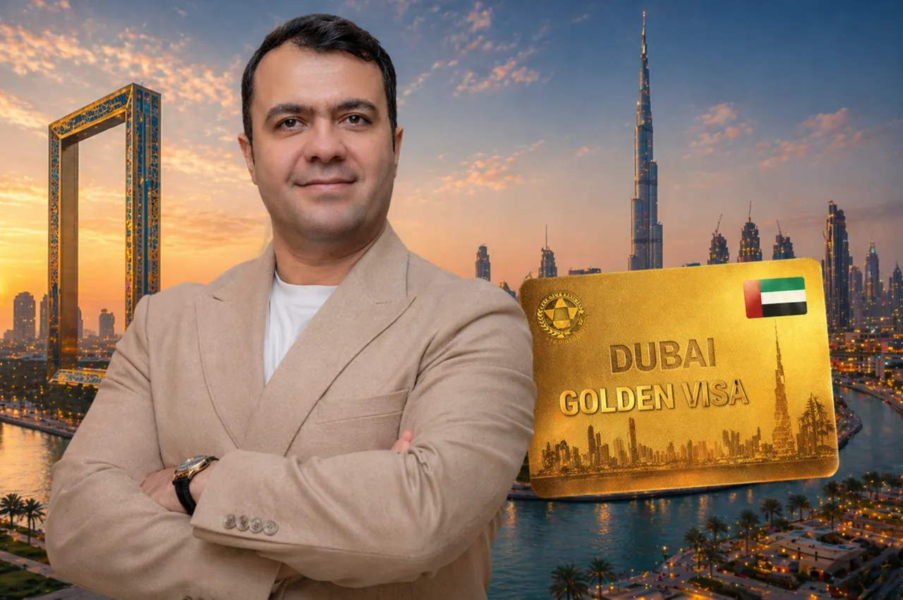 Dubai Golden Visa through Vindera investment featuring Burj Khalifa skyline, Dubai Frame, and Golden Visa card concept in Dubai Presented by Tohid Fetrat