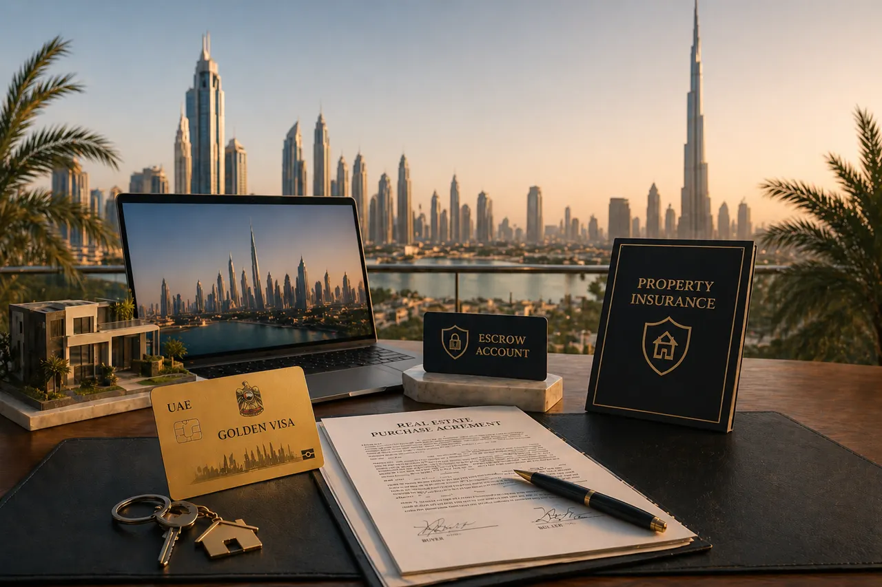 Dubai Real Estate Guides showing property insurance escrow account golden visa card and real estate contract with Dubai skyline in background Presented by Tohid Fetrat