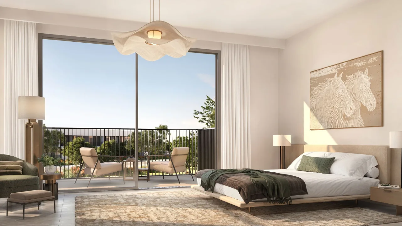 Equiterra at Grand Polo Club and Resort by Emaar modern bedroom interior with balcony seating natural light and equestrian artwork in Dubai - Presented by Tohid Fetrat