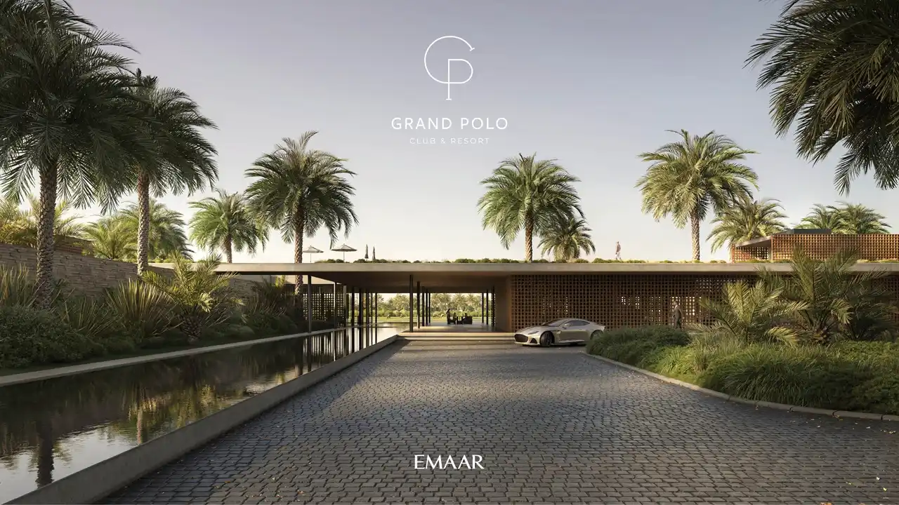 Equiterra at Grand Polo Club and Resort by Emaar elegant clubhouse arrival with reflective water feature palm landscaping and contemporary architecture in Dubai - Presented by Tohid Fetrat