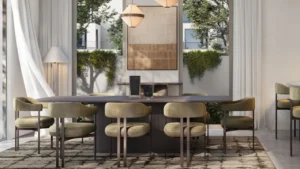 Equiterra at Grand Polo Club and Resort by Emaar modern dining area with upholstered chairs natural light and garden facing windows in Dubai - Presented by Tohid Fetrat