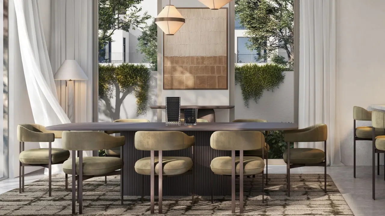 Equiterra at Grand Polo Club and Resort by Emaar modern dining area with upholstered chairs natural light and garden facing windows in Dubai - Presented by Tohid Fetrat