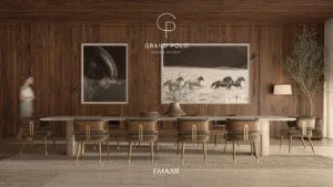 Equiterra at Grand Polo Club and Resort by Emaar elegant dining room interior with wood paneling contemporary furniture and equestrian artwork in Dubai - Presented by Tohid Fetrat