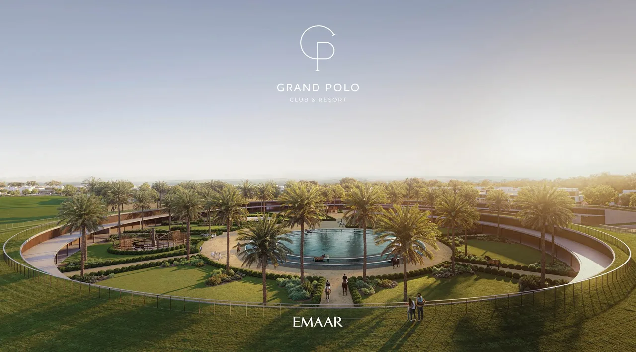 Equiterra at Grand Polo Club and Resort by Emaar landscaped equestrian clubhouse with circular design palm trees central water feature and open green surroundings in Dubai - Presented by Tohid Fetrat