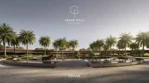 Equiterra at Grand Polo Club and Resort by Emaar elegant equestrian courtyard with circular water feature palm trees and open landscaped surroundings in Dubai - Presented by Tohid Fetrat