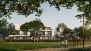Equiterra at Grand Polo Club and Resort by Emaar equestrian walking trail beside modern villas and landscaped greenery in Dubai - Presented by Tohid Fetrat