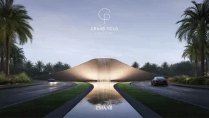 Equiterra at Grand Polo Club and Resort by Emaar sculptural gated entrance with central fountain palm lined roads and reflective water feature in Dubai - Presented by Tohid Fetrat