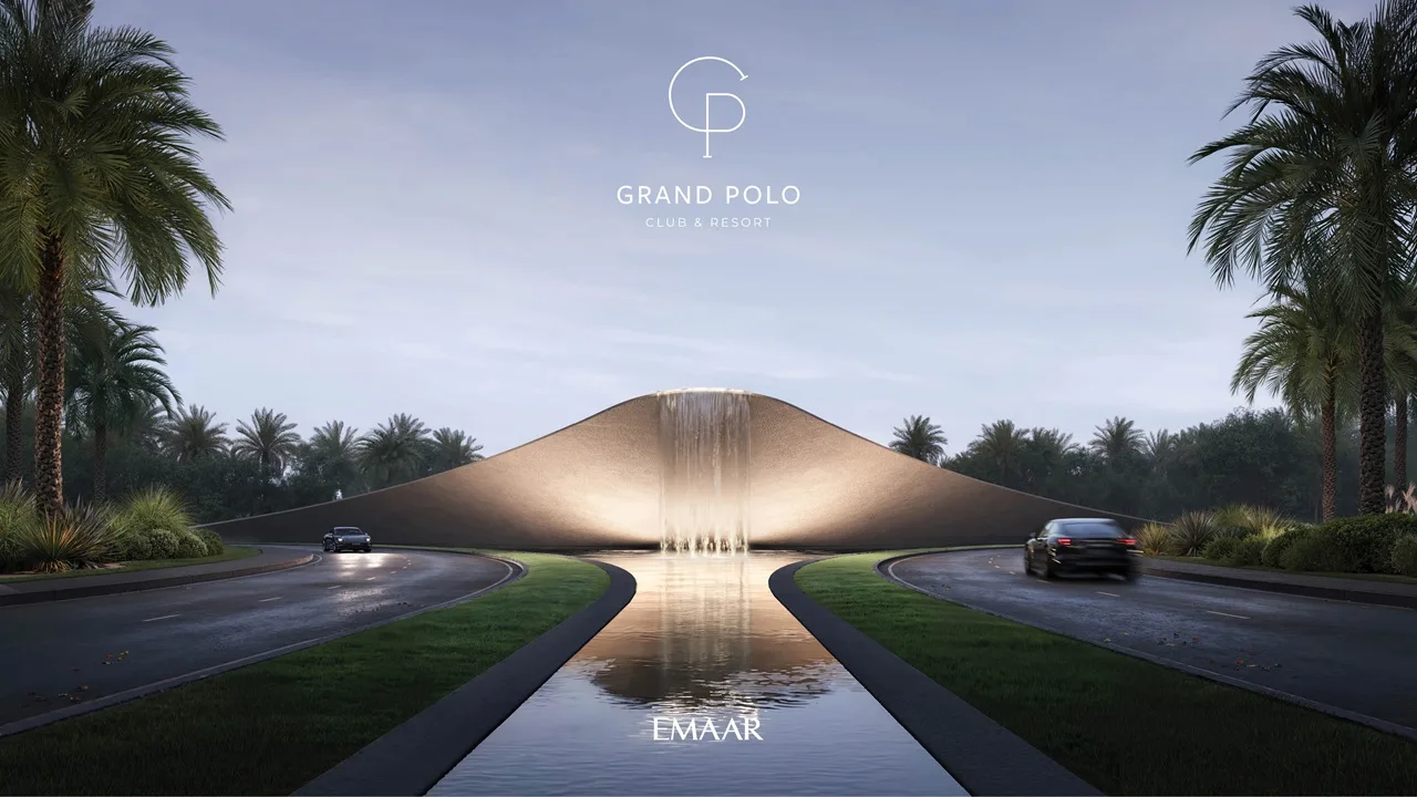Equiterra at Grand Polo Club and Resort by Emaar sculptural gated entrance with central fountain palm lined roads and reflective water feature in Dubai - Presented by Tohid Fetrat