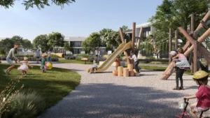 Equiterra at Grand Polo Club and Resort by Emaar outdoor kids playground with natural play structures landscaped park and family friendly community setting in Dubai - Presented by Tohid Fetrat