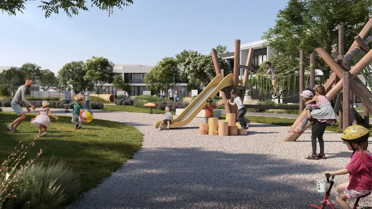 Equiterra at Grand Polo Club and Resort by Emaar outdoor kids playground with natural play structures landscaped park and family friendly community setting in Dubai - Presented by Tohid Fetrat