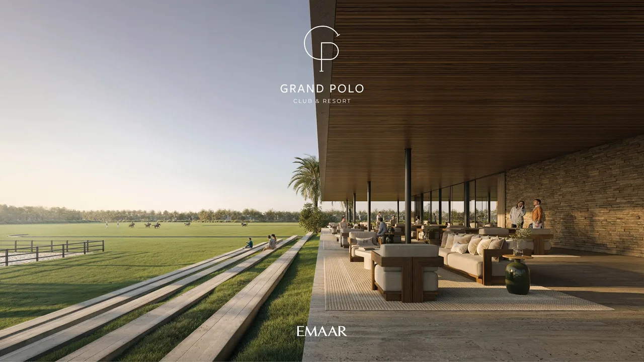 Equiterra at Grand Polo Club and Resort by Emaar open lounge terrace with polo field views luxury seating and contemporary outdoor design in Dubai - Presented by Tohid Fetrat