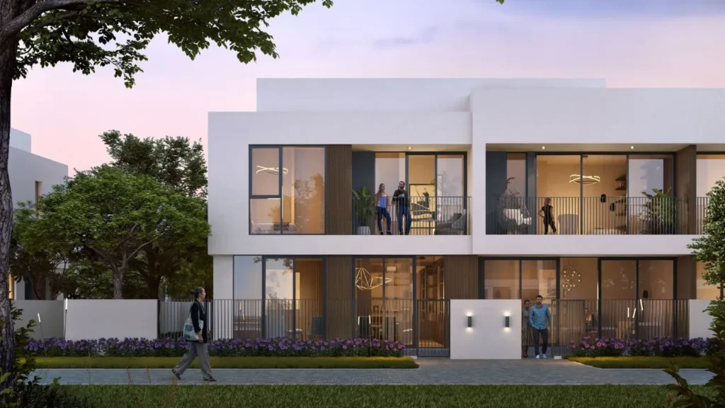 Equiterra at Grand Polo Club and Resort by Emaar modern townhouse exterior with private balconies large windows landscaped frontage and evening lighting in Dubai - Presented by Tohid Fetrat