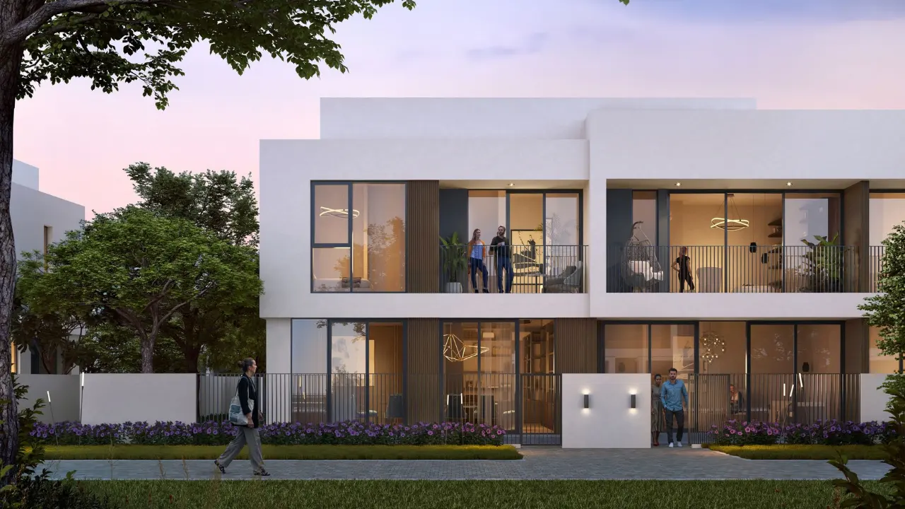 Equiterra at Grand Polo Club and Resort by Emaar modern townhouse exterior with private balconies large windows landscaped frontage and evening lighting in Dubai - Presented by Tohid Fetrat
